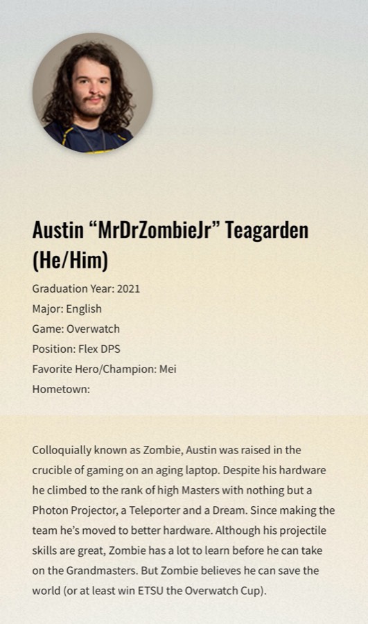 Austin's East Tennessee State University esports player card